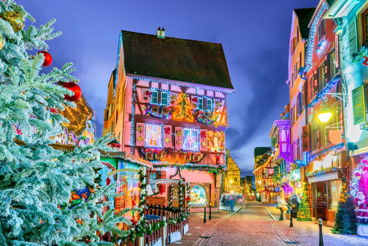 Colmar, Alsace. Marche de Noel is famous alsacian Christmas Market with gingerbread houses and local craftsmen, beautiful Europe.